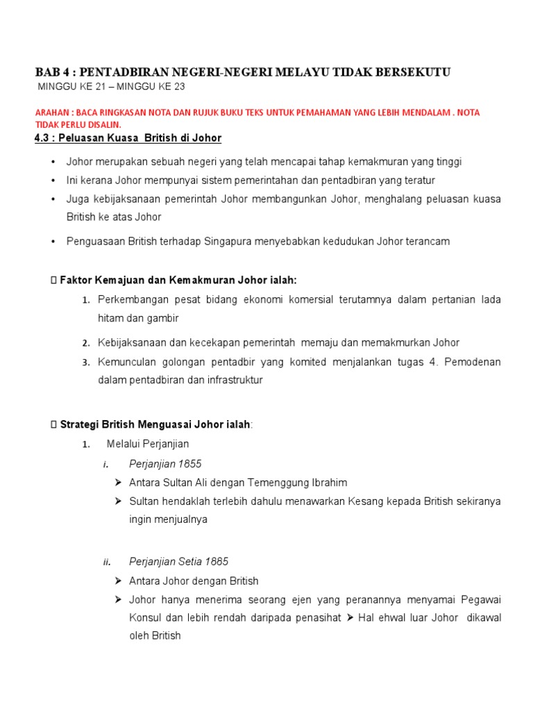 Bab 4 Pentadbiran Negeri Negeri Melayu Tidak Bersekutu 4 3 Peluasan Kuasa British Di Johor Pdf