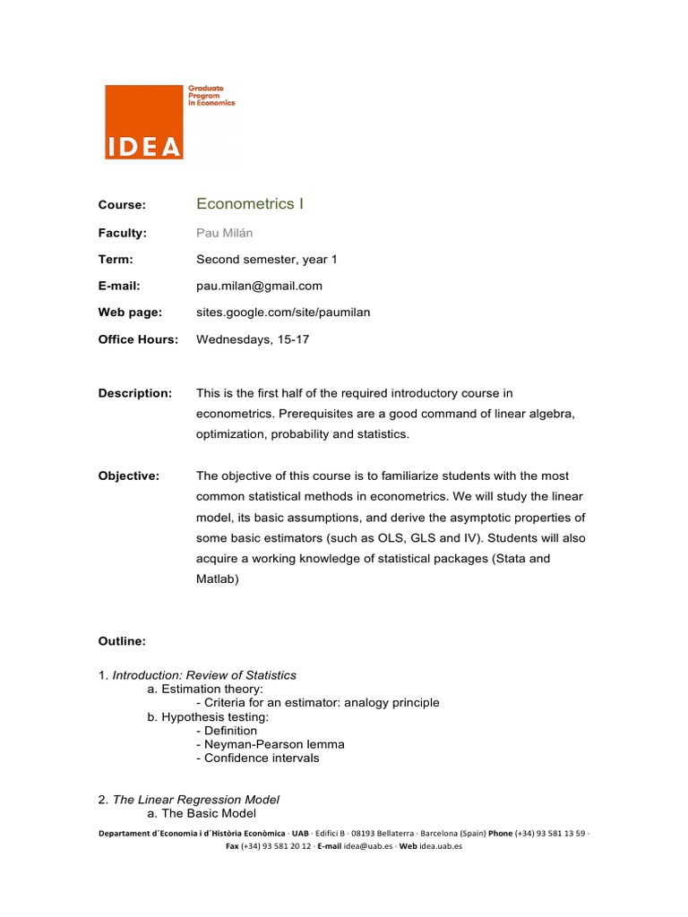 Econometrics I Course Overview 2019 | PDF | Ordinary Least Squares ...