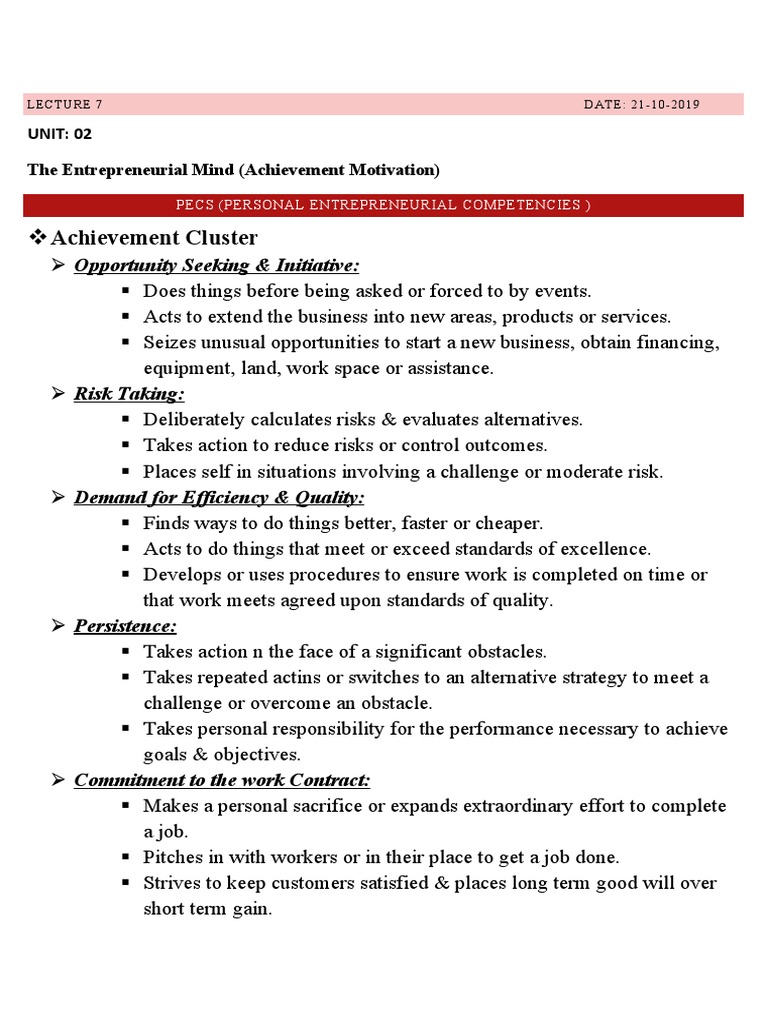 Achievement Cluster: UNIT: 02 The Entrepreneurial Mind (Achievement ...