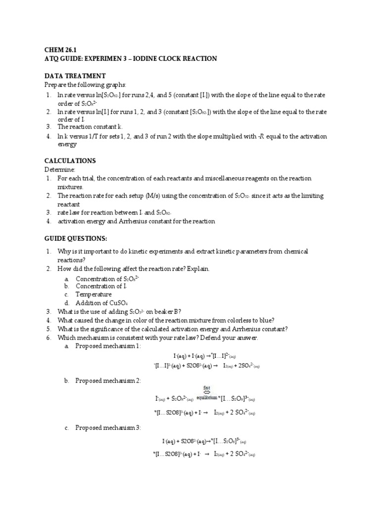 Iodine Clock Reaction Kinetics Guide | PDF | Science & Mathematics ...