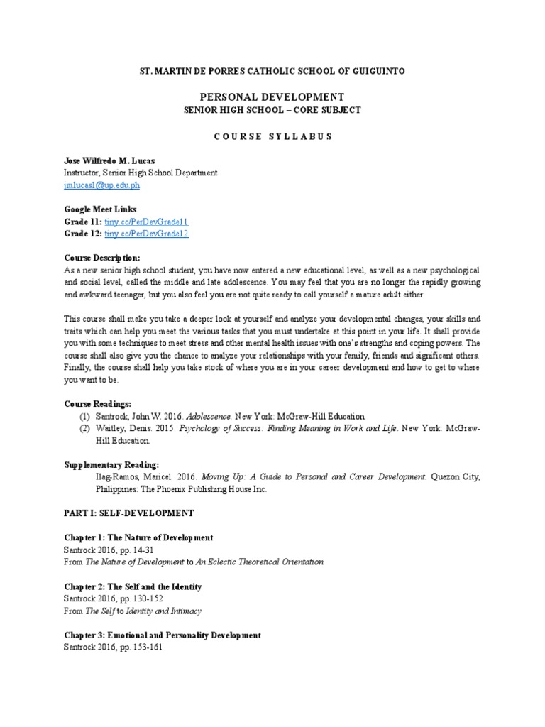 Personal Development Syllabus for SHS | PDF | Adolescence | Eating Disorder