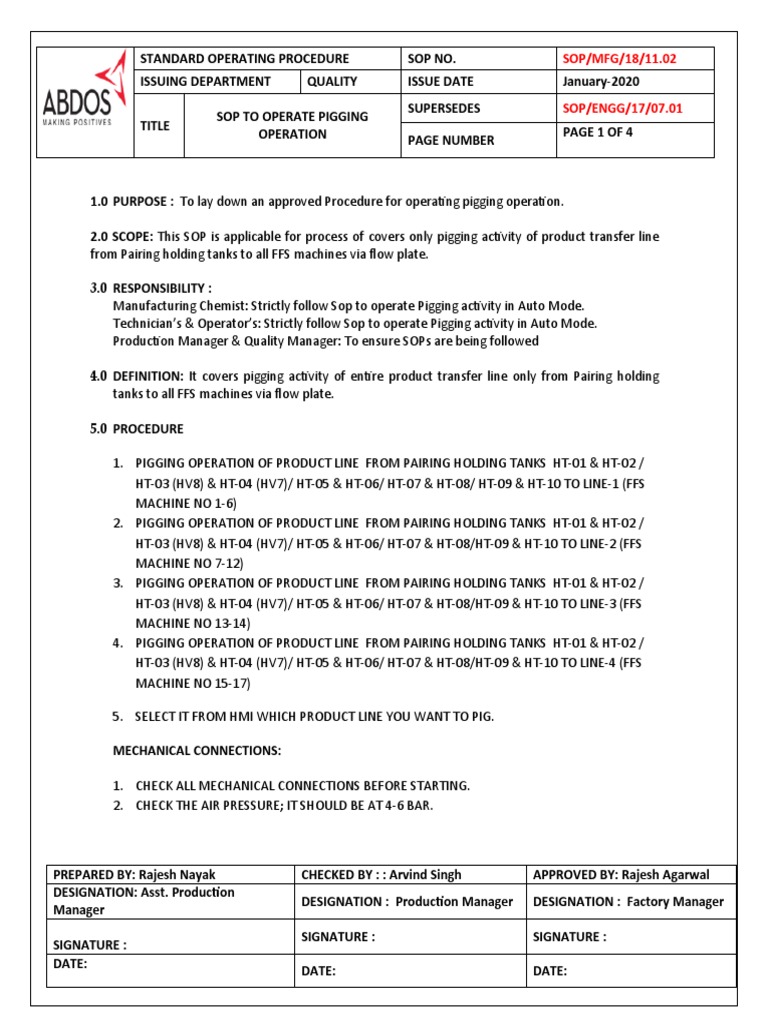 Pigging Operations SOP for Product Lines | PDF