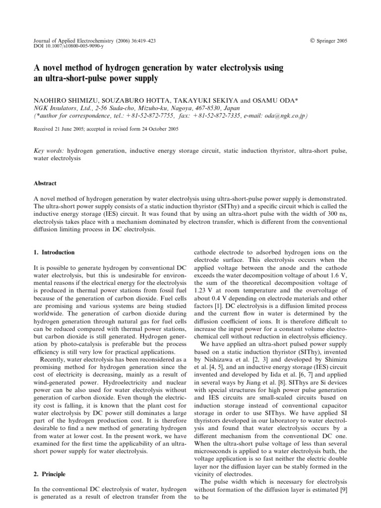 A Novel Method of Hydrogen Generation by Water Electrolysis Using | PDF