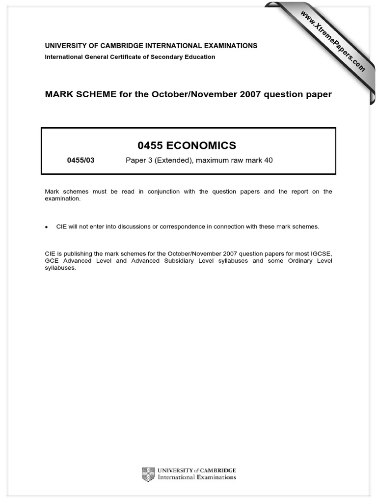 0455 Economics: MARK SCHEME For The October/November 2007 Question ...
