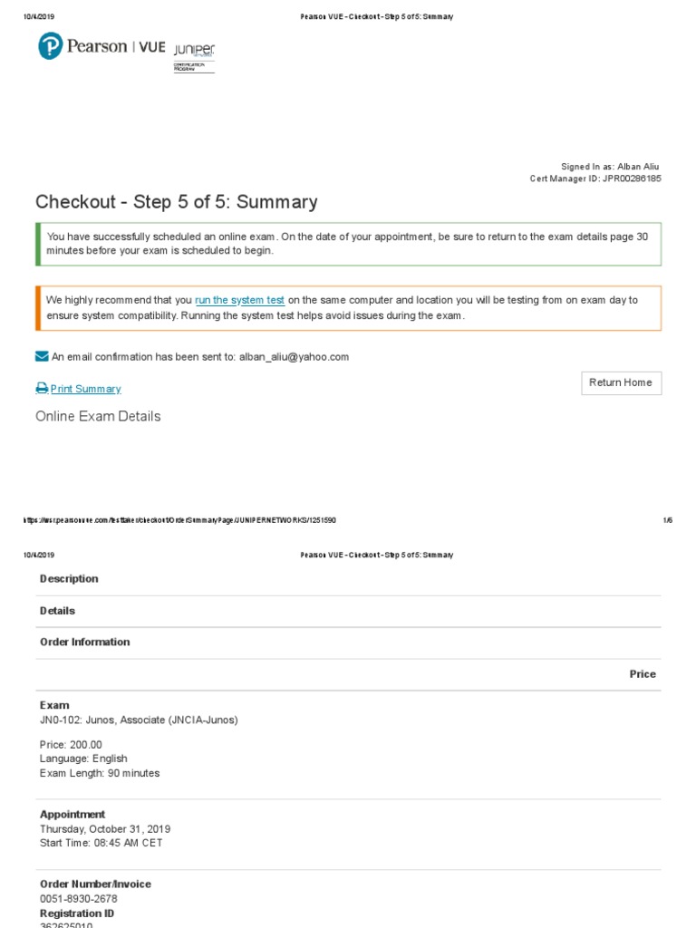 Pearson VUE Checkout Step 5 of 5 Summary PDF Point Of Sale