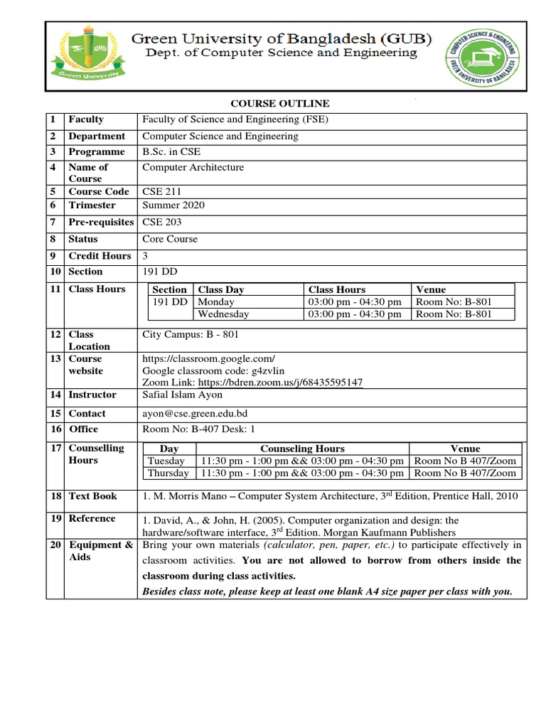 CSE 211 Computer Architecture Syllabus | PDF | Central Processing Unit ...