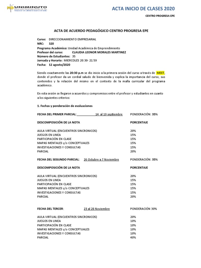 Acta de Inicio de Clases 2020 | PDF | Escuelas | Enseñando y aprendiendo