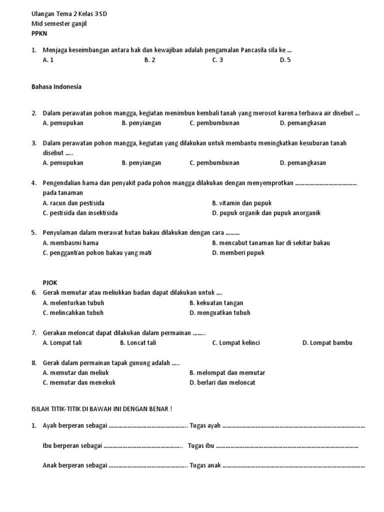 Ulangan Tema 2 Kelas 3 SD PPKN dan PJOK | PDF