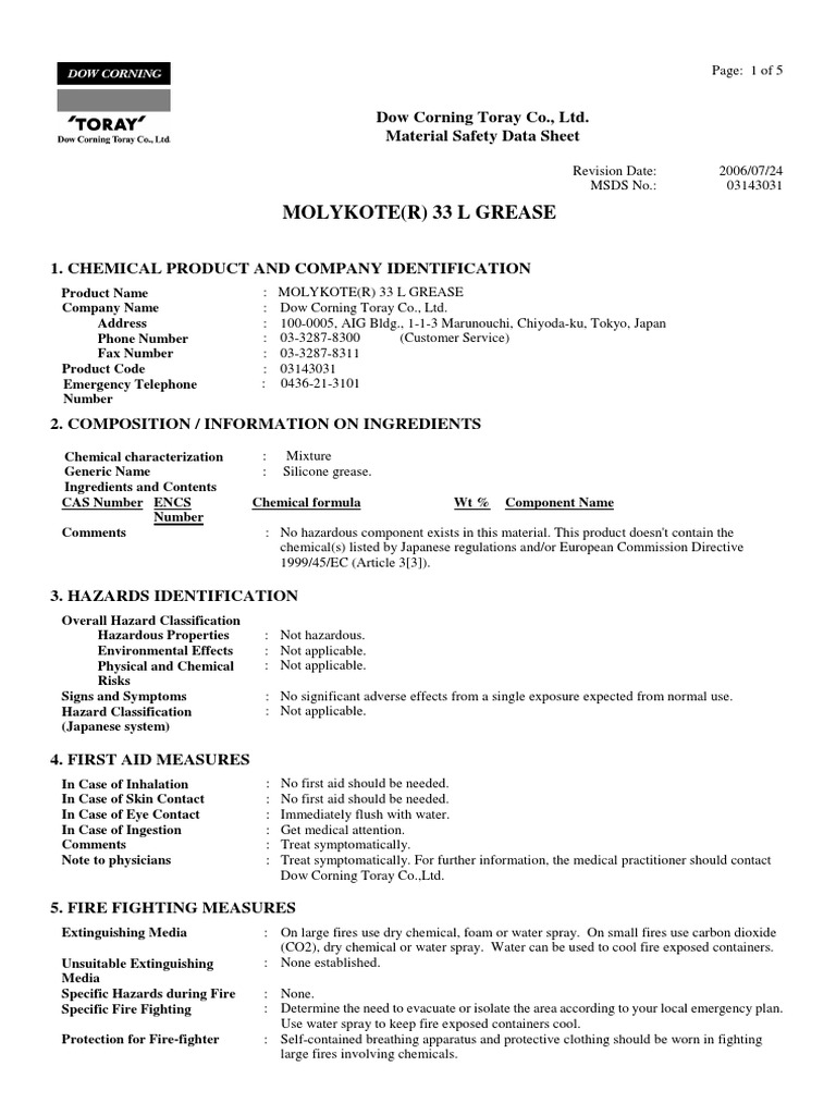 Molykote (R) 33 L Grease Dow Corning Toray Co., Ltd. Material Safety
