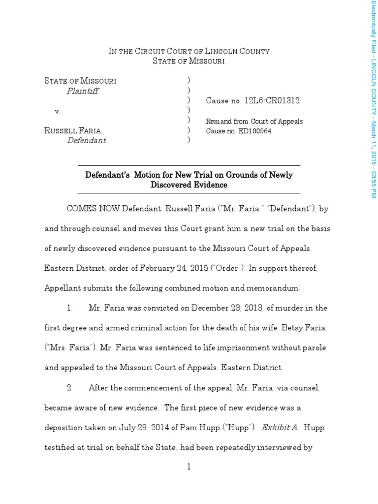 Russell Faria's New Trial Motion | PDF | Brady V. Maryland | Deposition ...