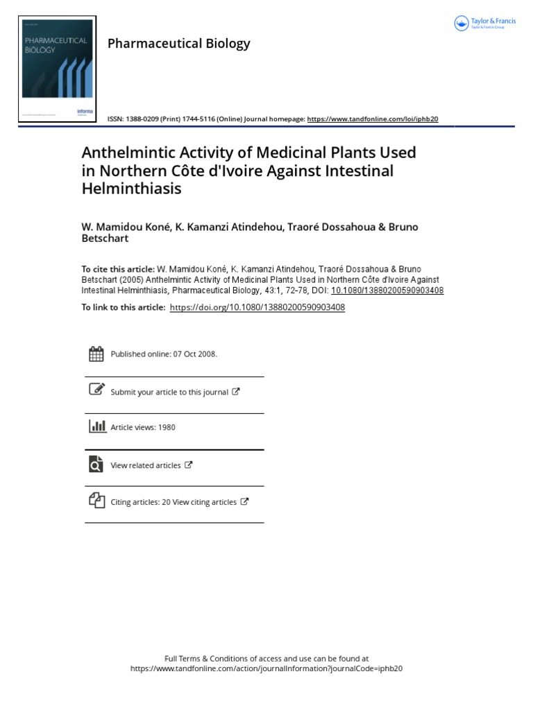Anthelmintic Activity of Medicinal Plants Used in Northern C Te D ...
