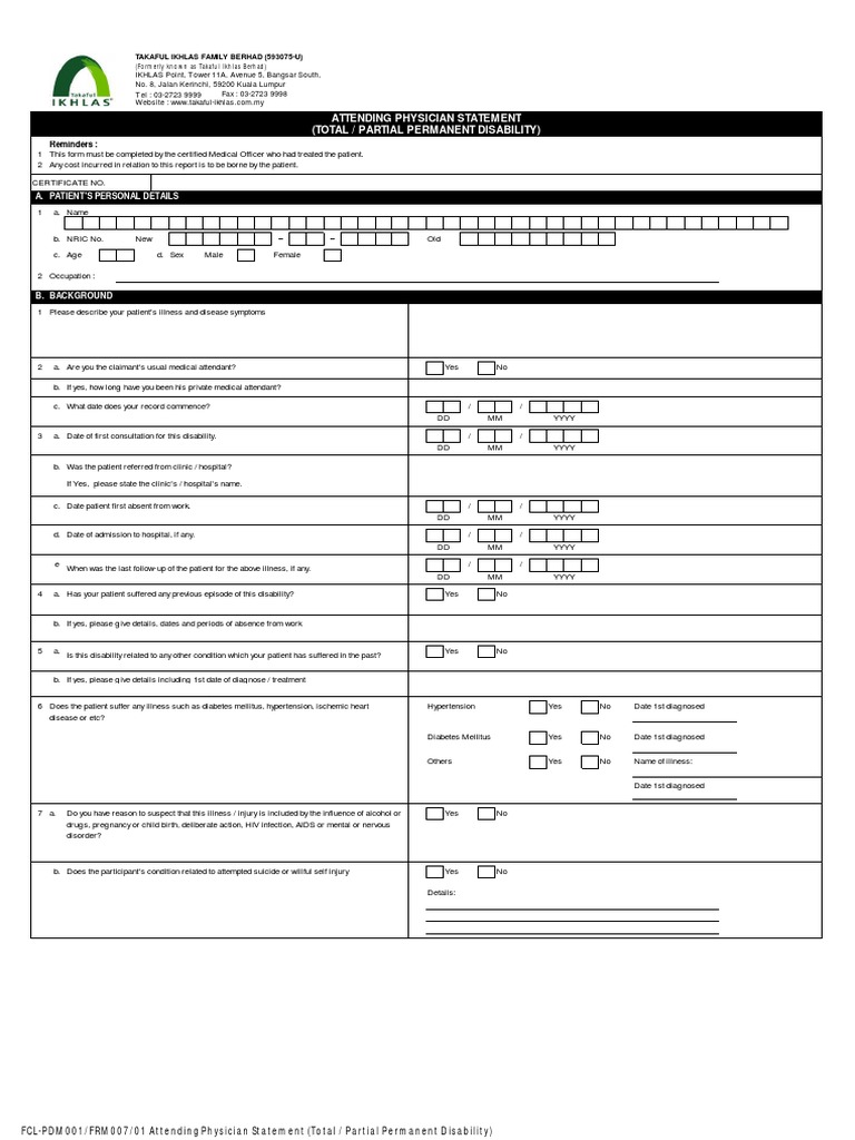 Attending Physician Statement Form | PDF | Physician | Patient