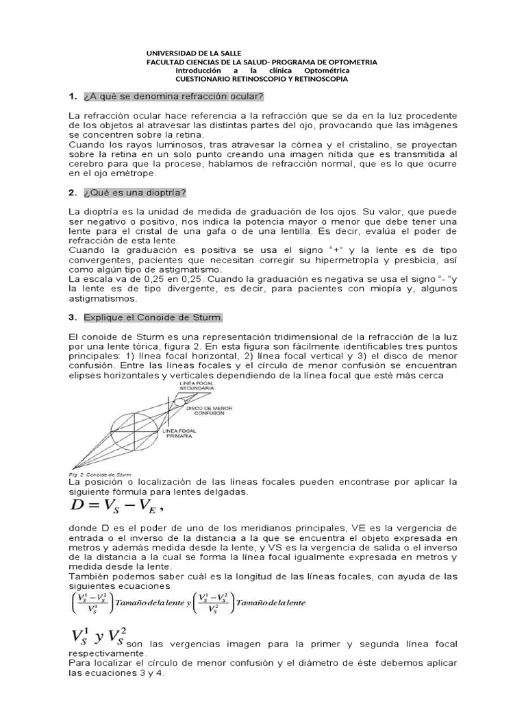 Cuestionario Retinoscopio y Retinos PDF Ojo humano Óptica