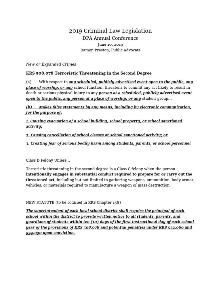 2019 Criminal Law Legislation - AC Handout | PDF | Mental Disorder ...