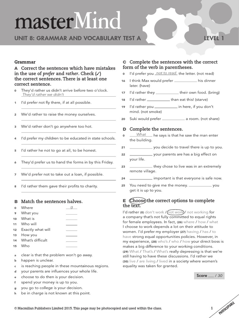 Mastermind 1 Unit 8 Grammar and Vocabulary Test A | PDF | Philanthropy ...