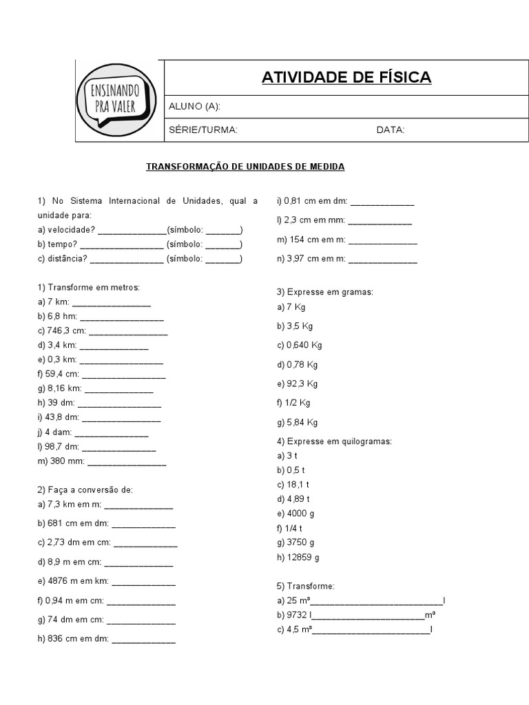 Exercícios de Conversão de Medidas 9º Ano | PDF | Sistema internacional ...