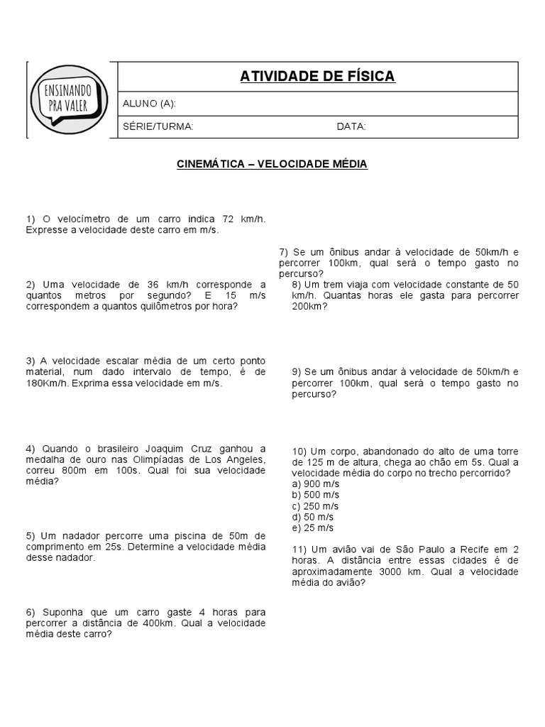 9o Ano - Exercícios - Fisica - VELOCIDADE MÉDIA | PDF | Velocidade |  Velocidade, image size:768x1024