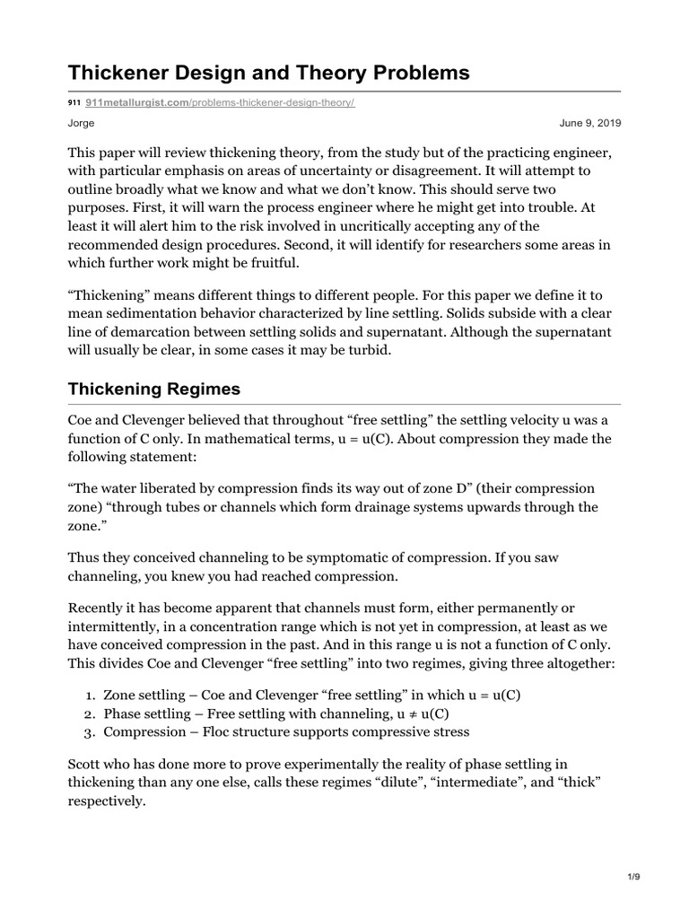 Thickener Design and Theory Problems PDF Theory Pressure