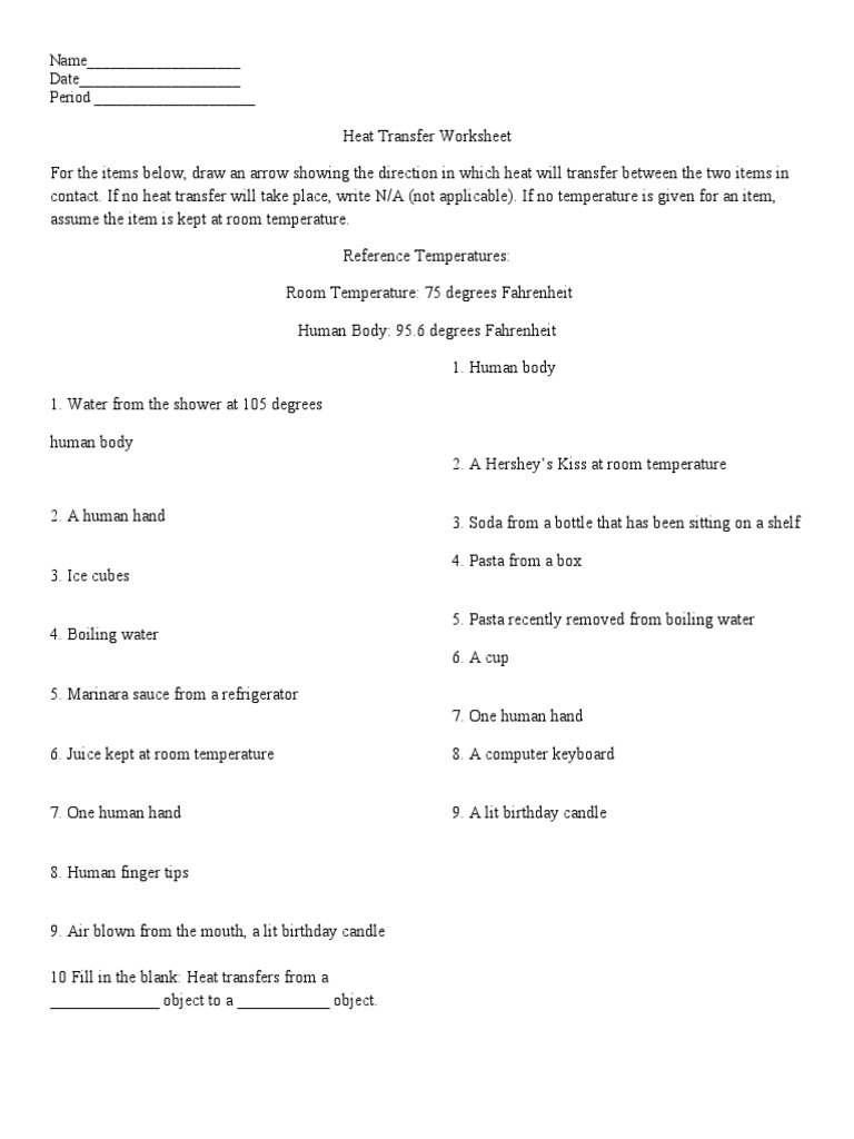 Heat Transfer Direction Worksheet | PDF