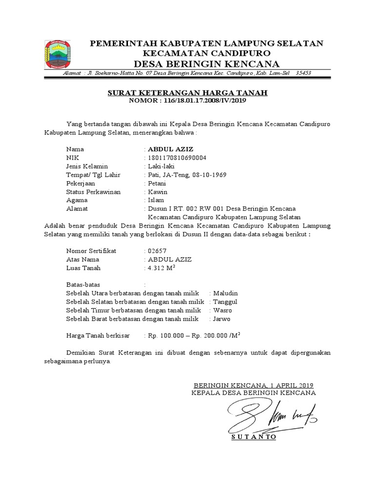 Surat Keterangan Harga Tanah