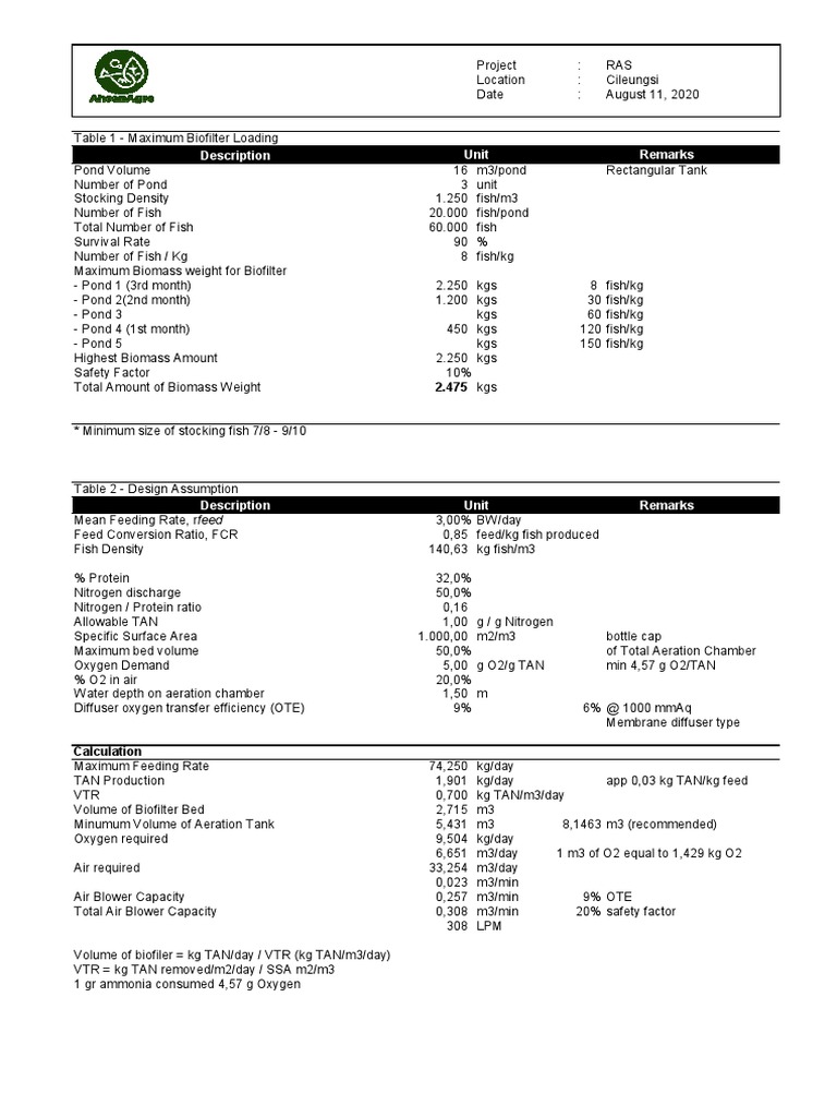 RAS Calculation for Biofilter Design | PDF | Environmental Technology ...
