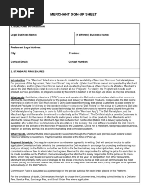 Merchant Sign Up Sheet