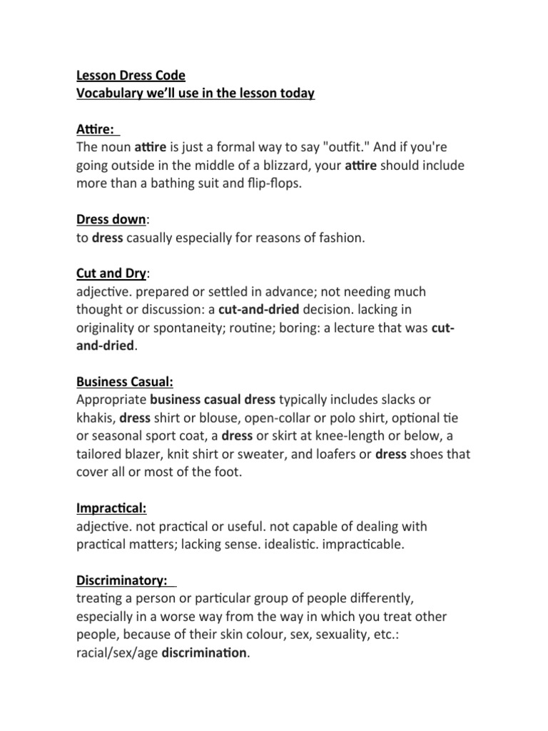 Lesson Dress Code Vocabulary We'll Use in The Lesson Today Attire | PDF
