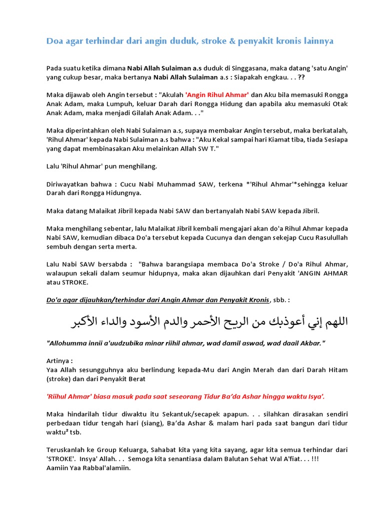 Doa Agar Terhindar Dari Angin Duduk Stroke Penyakit Kronis Lainnya