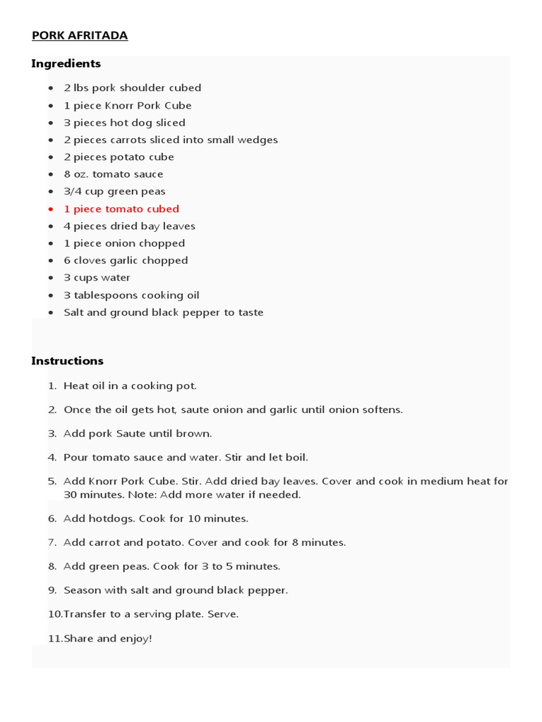 Pork Afritada Ingredients PDF