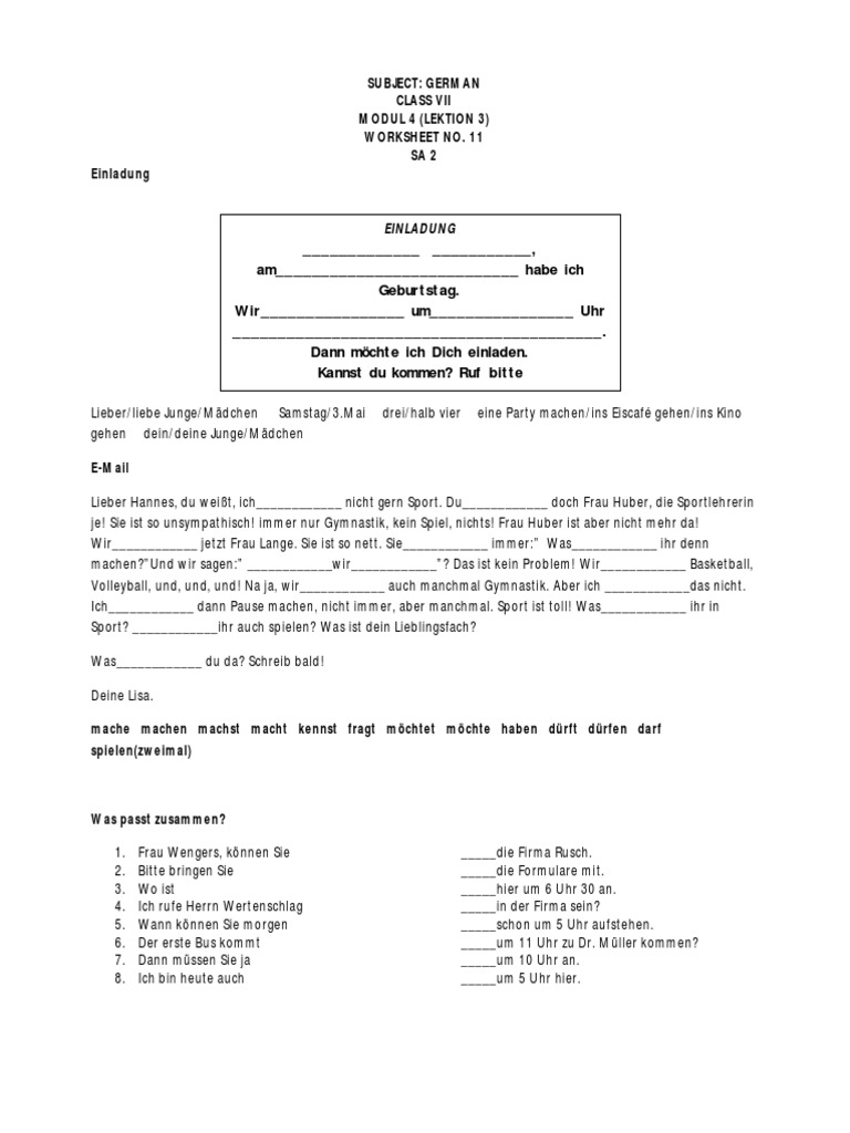 CBSE Class 7 German Worksheet | PDF