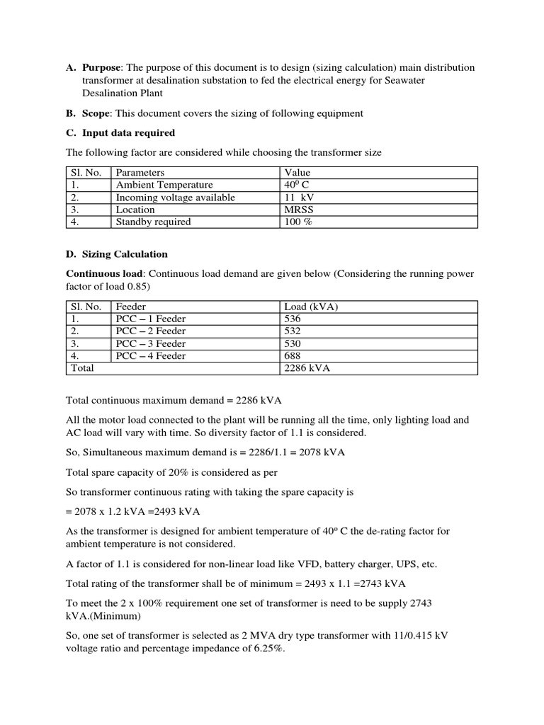 Transformer Sizing for Desalination Plant | PDF | Electric Power ...