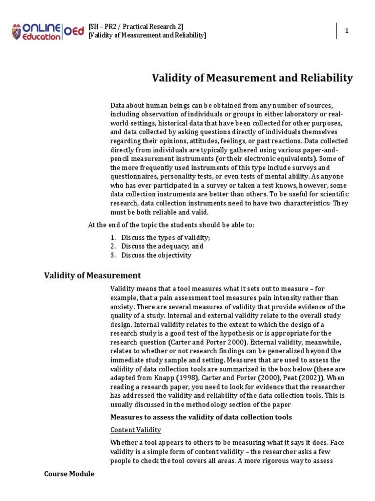 Lesson 15 Validity of Measurement and Reliability PDF | PDF | Validity ...