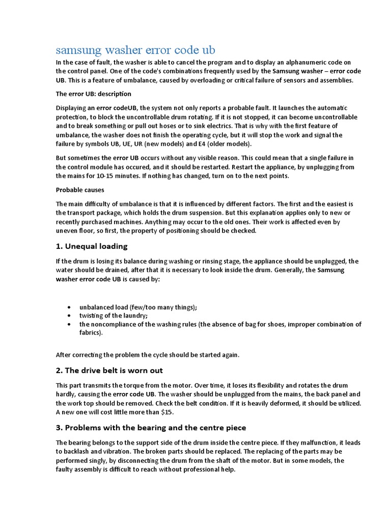 Samsung Washer Error Code Ub 1. Unequal Loading PDF Washing