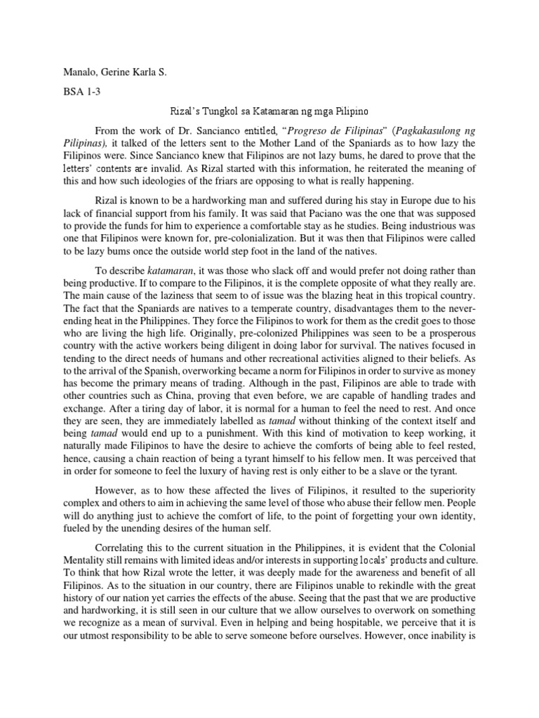 Rizal on Filipino Laziness Myths | PDF | Philippines | Psychology