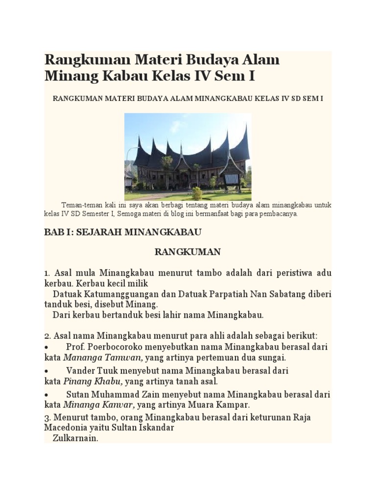 Rangkuman Materi Budaya Alam Minang Kabau Kelas Iv Sem I