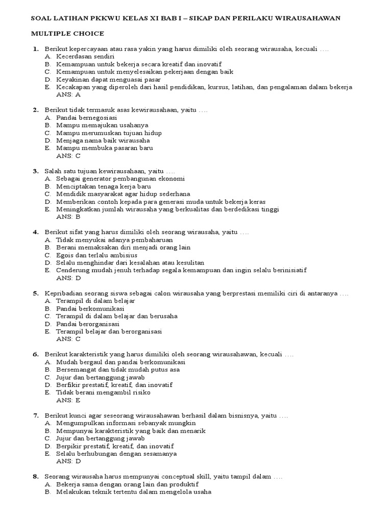 Soal Pkk Kelas Xi Sikap Dan Perilaku Wirausahawan