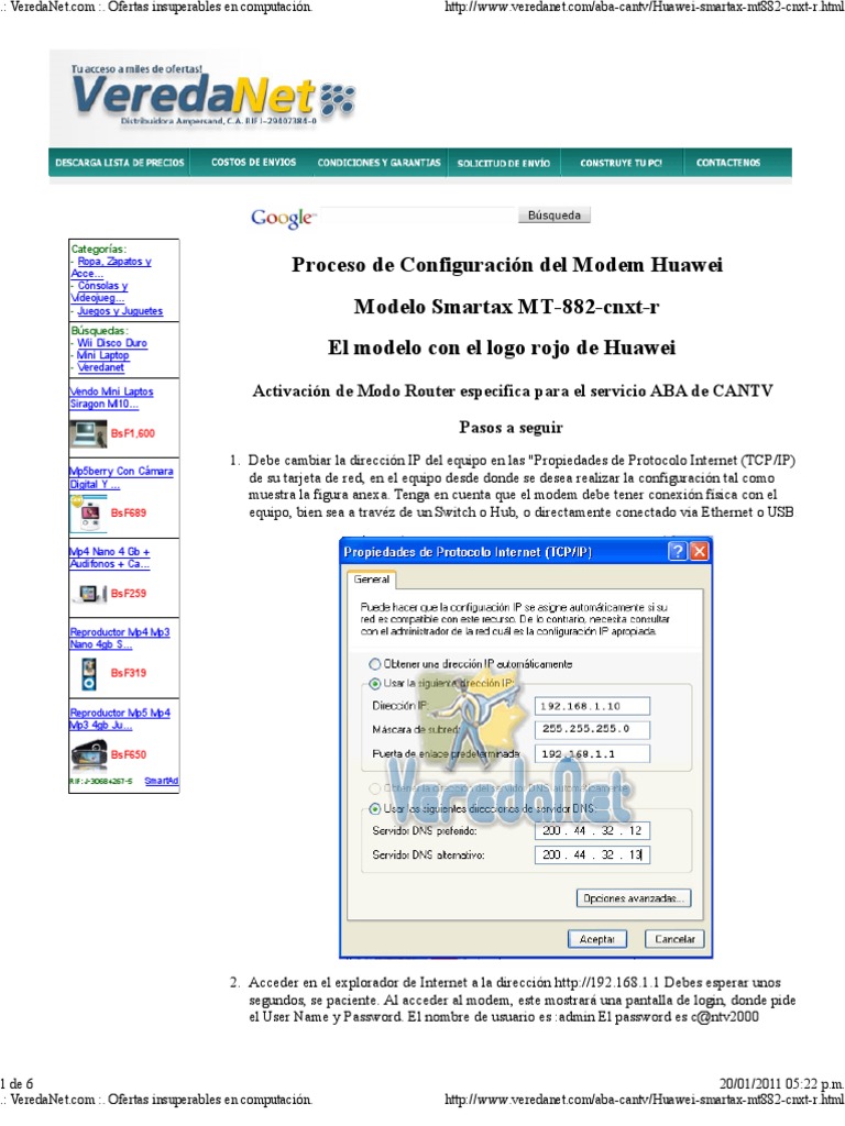 Configura Huawei MT-882 como Router | PDF | Dirección IP | Protocolos ...