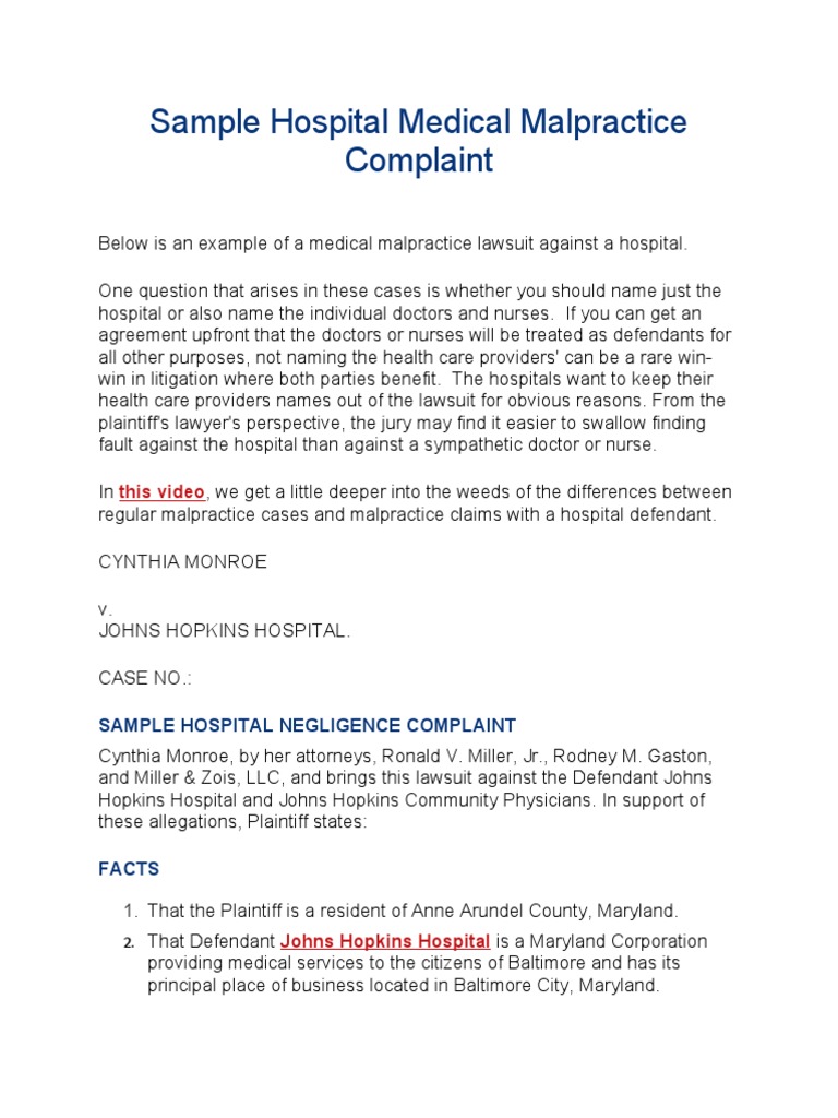 Sample Hospital Medical Malpractice Complaint PDF Negligence Damages