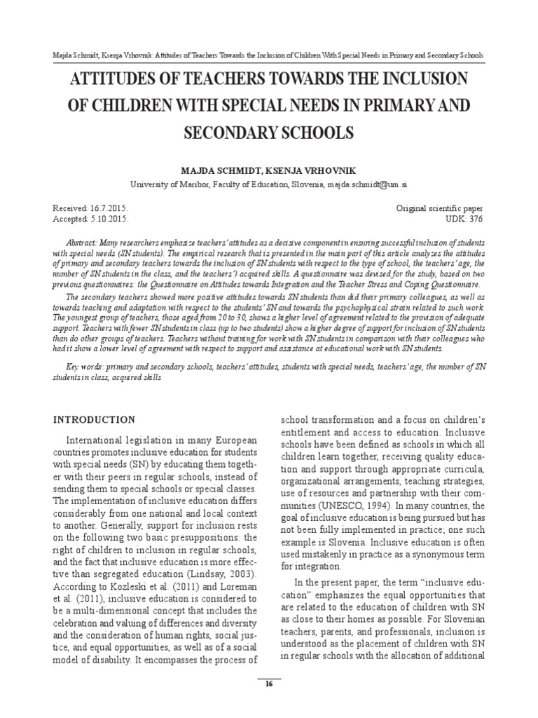 Attitudes of Teachers Towards The Inclusion of Children With Special ...