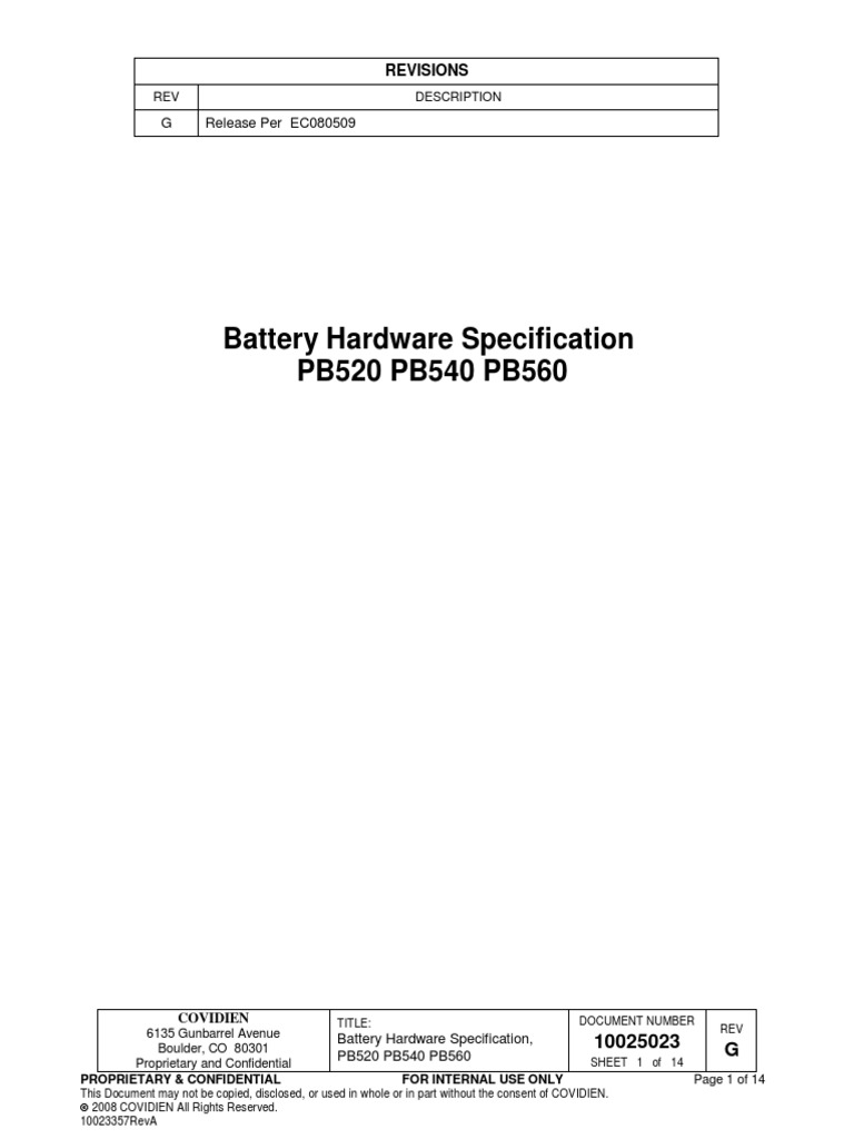 Battery Hardware Specification for PB520, PB540 and PB560 Ventilators ...