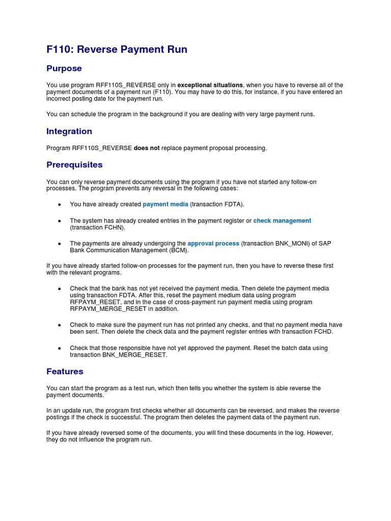 F110: Reverse Payment Run: Purpose | PDF | Payments | Parameter ...