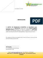Certificado laboral Carlos Alberto Manrique Pinilla Centro Diagnostico Automotriz 2020