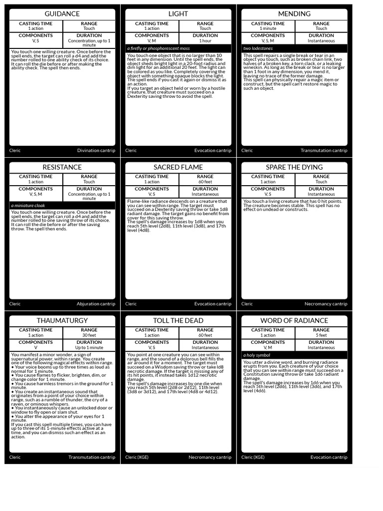 D&D Next Spellbook Card Generator Cleric Cantrips PDF Wizards Of