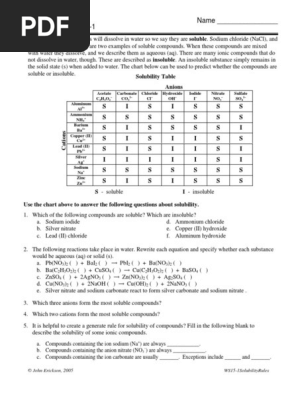 Solubility Rules: Name - Chem Worksheet 15-1 | PDF | Hydroxide | Solubility