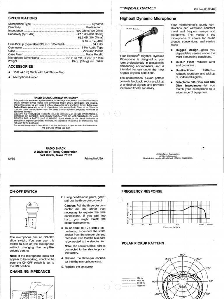 Realistic Dynamic Mic | PDF | Microphone | Audio Electronics