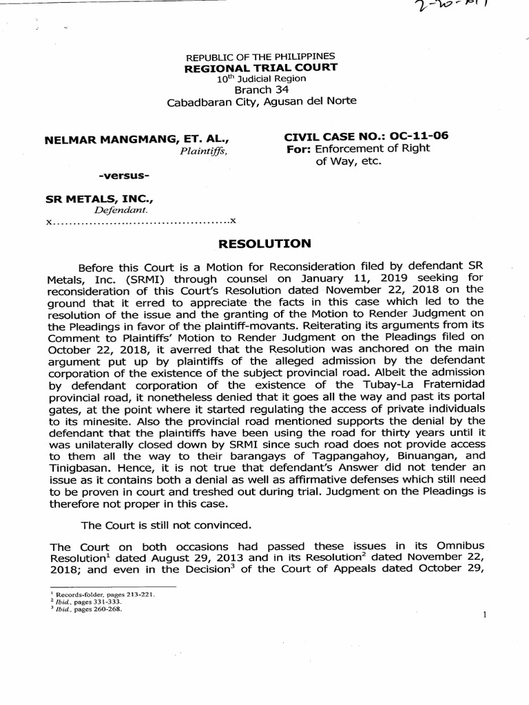 A Resolution On A Motion For Reconsideration From Judgment On The