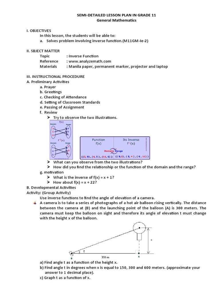 Inverse Function Lesson Plan for Grade 11 | PDF | Function (Mathematics ...