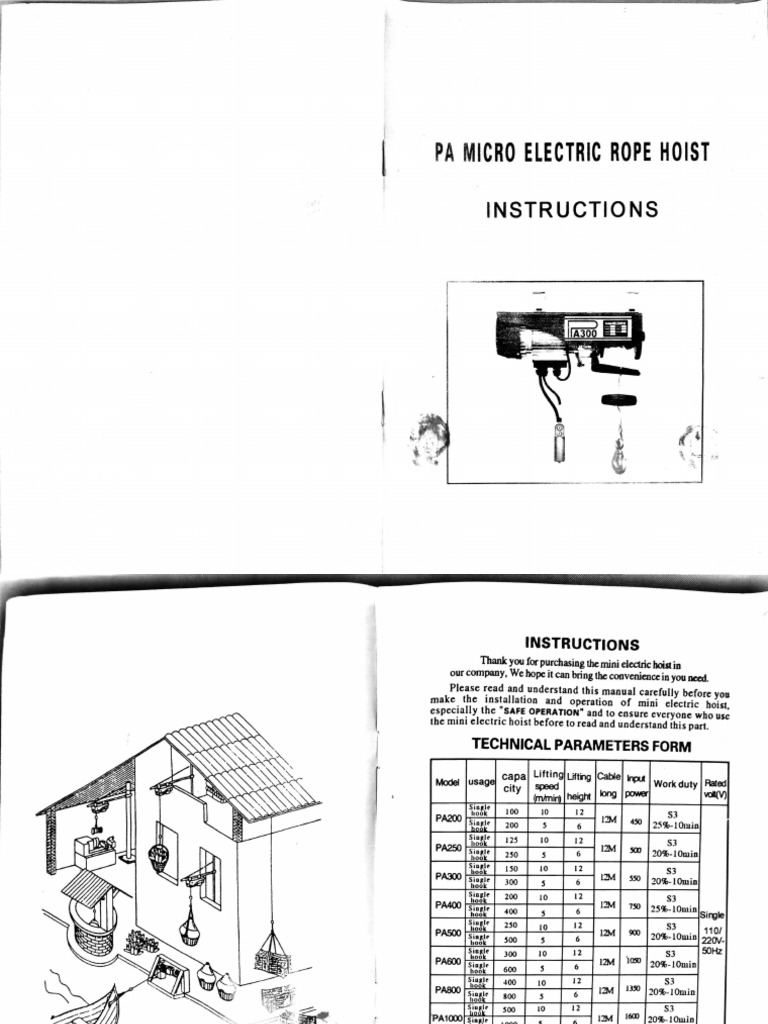 PA Micro Electric Rope Hoist Instructions PDF Switch Machines