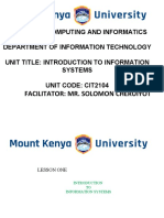 School of Computing and Informatics Department of Information Technology Unit Title: Introduction To Information Systems Unit Code: Cit2104