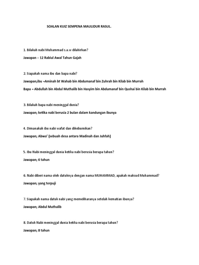 Soalan Kuiz Sempena Maulidur Rasul Pdf